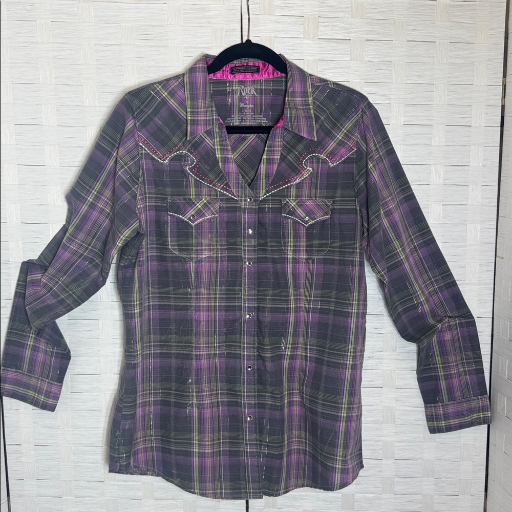 Rock 47 by Wrangler Women's Purple Plaid Long Sleeve Snap Button Shirt Size L